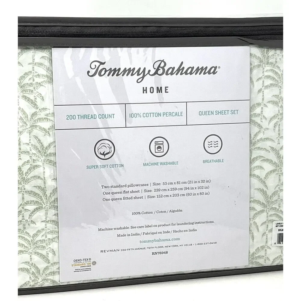 Tommy Bahama Lovely Palms Queen Sheet Set Spring Green All Cotton Percale NIP - Picture 8 of 9